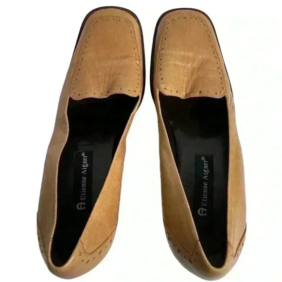 Etienne Aigner Women's Brown Leather Slip-On Wedge Heels Square Toe Size 9 - Picture 7 of 16